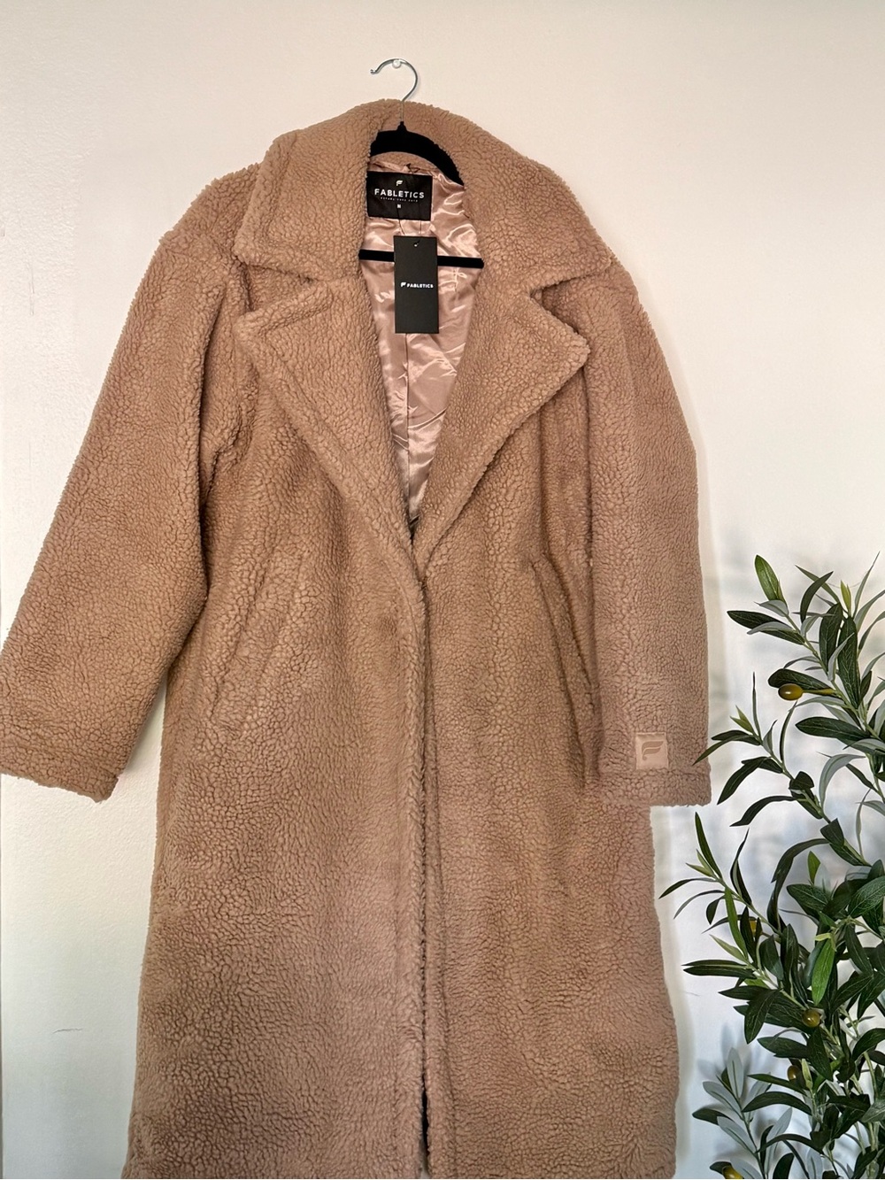Fabletics Cozy Longline Teddy Coat in Camel